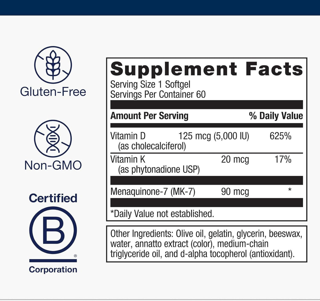 Metagenics Vitamin D3 + K - for Artery Health, Immune Support, Bone & Heart Health* - Vitamin D with MK-7 (Vitamin K2) - Non-GMO - Gluten-Free - 60 Softgels - 5,000 IU