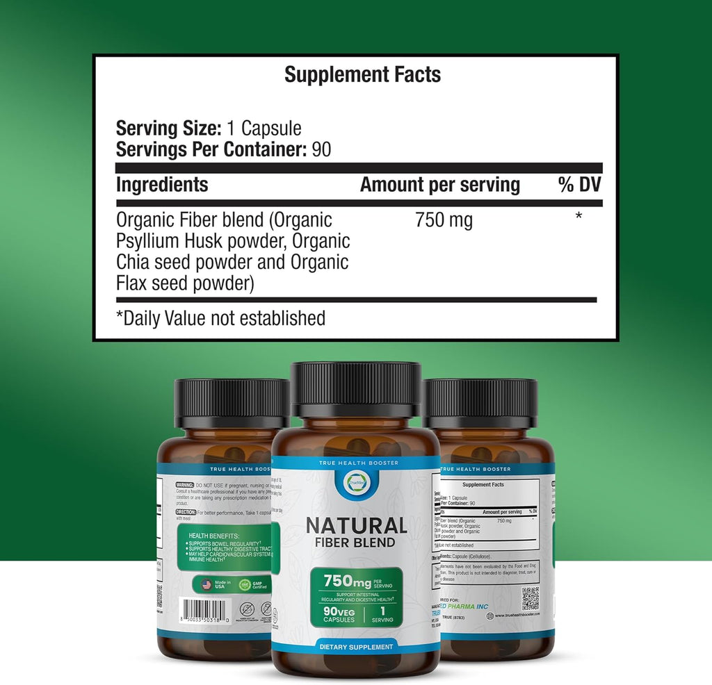 Natural Fiber Blend Supplement - Promotes Digestive Health, Cholesterol Balance, Cardiovascular Wellness - Psyllium Husk, Chia Seed, Flax Seed - 750mg Organic Fiber Blend