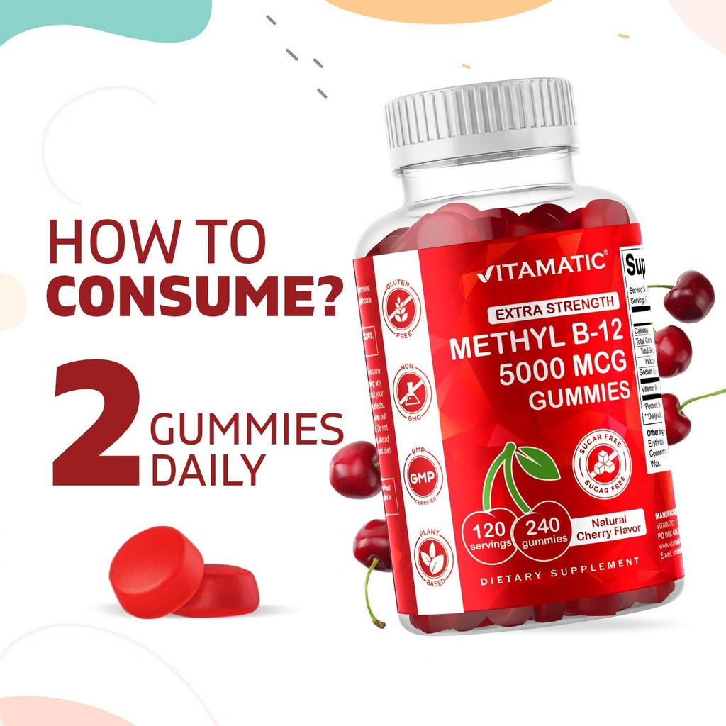 Vitamatic Extra Strength Vitamin B12 5000 mcg (Methyl B12) Gummies - 240 Count, Natural Cherry Flavored