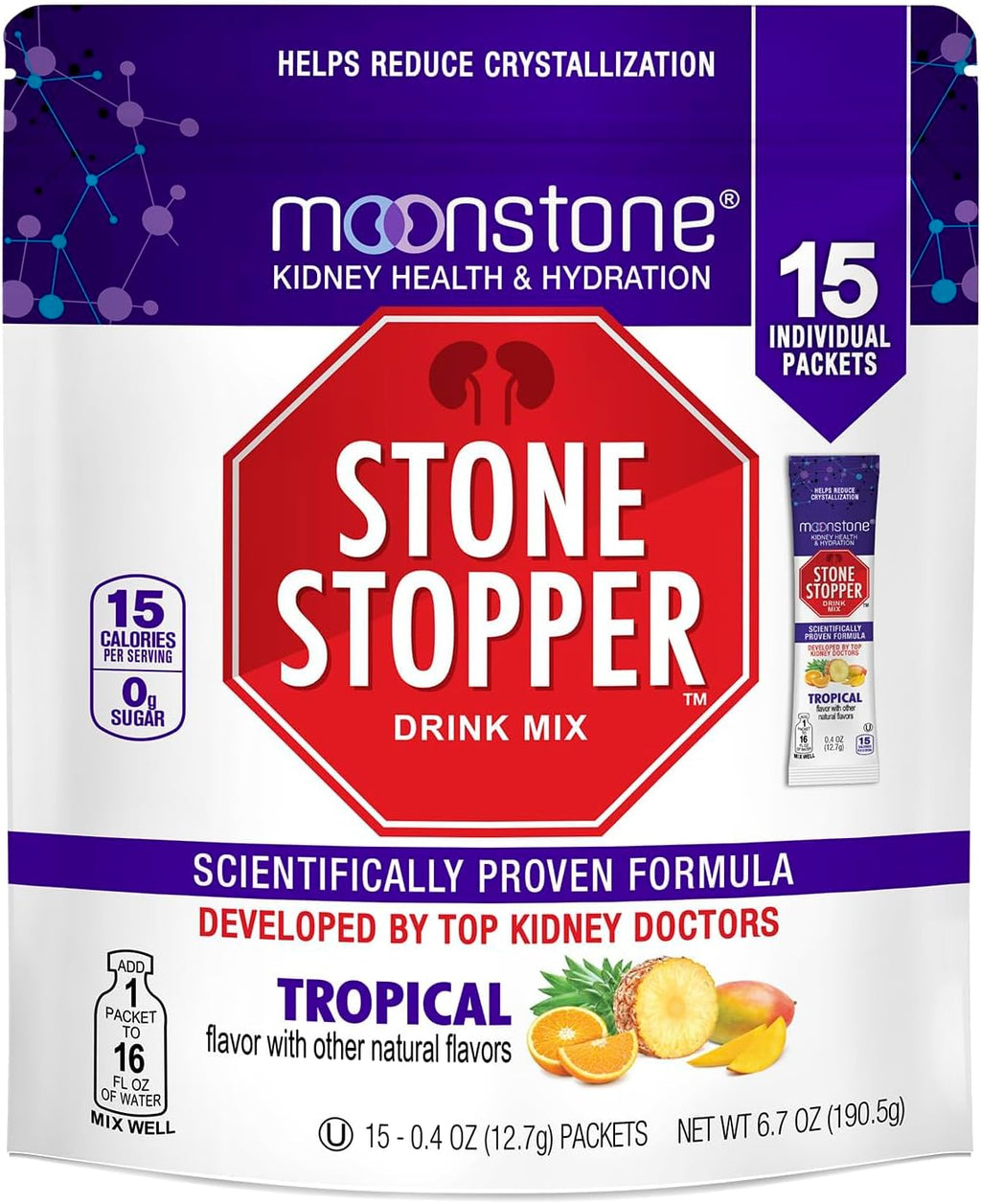 Stone Stopper Drink Mix, Tropical, Kidney Stone Prevention, Calcium Oxalate Protector, Developed by Urologists to Improve Hydration and Support Kidney Health, 15 Day Supply