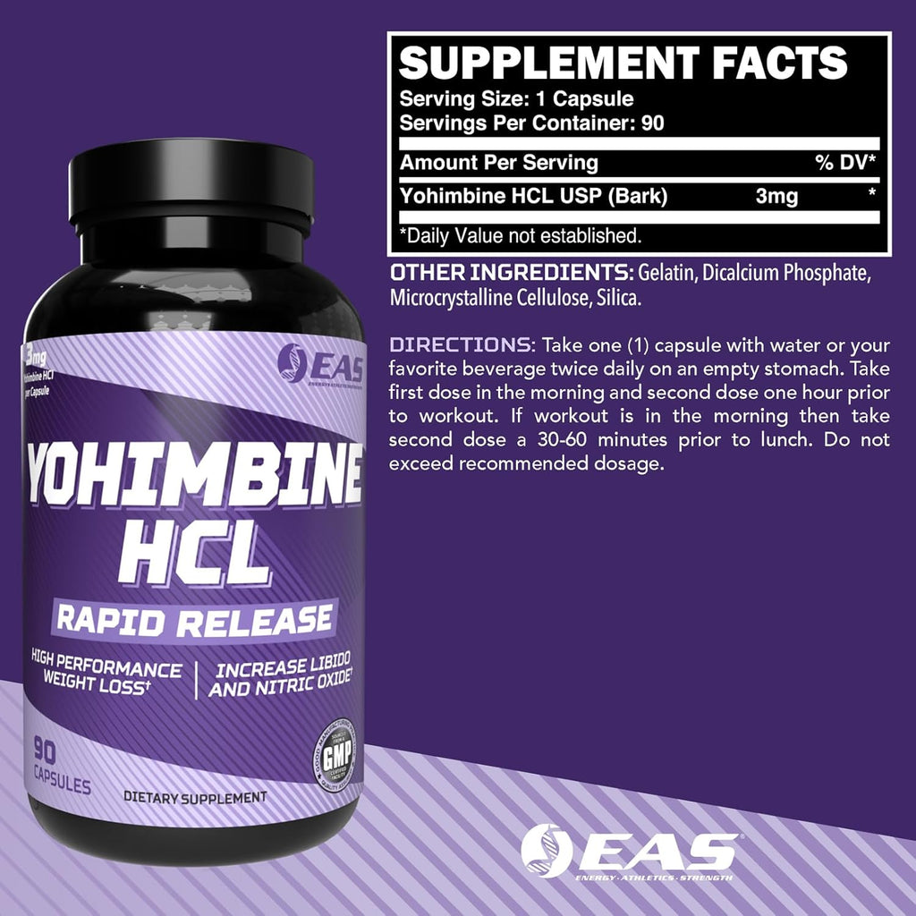 EAS Yohimbine HCL | Improved Weight Loss & Athletic Performance | Rapid Release Technology | Gluten Free, Non GMO, Vegetarian Friendly | 90 Capsules