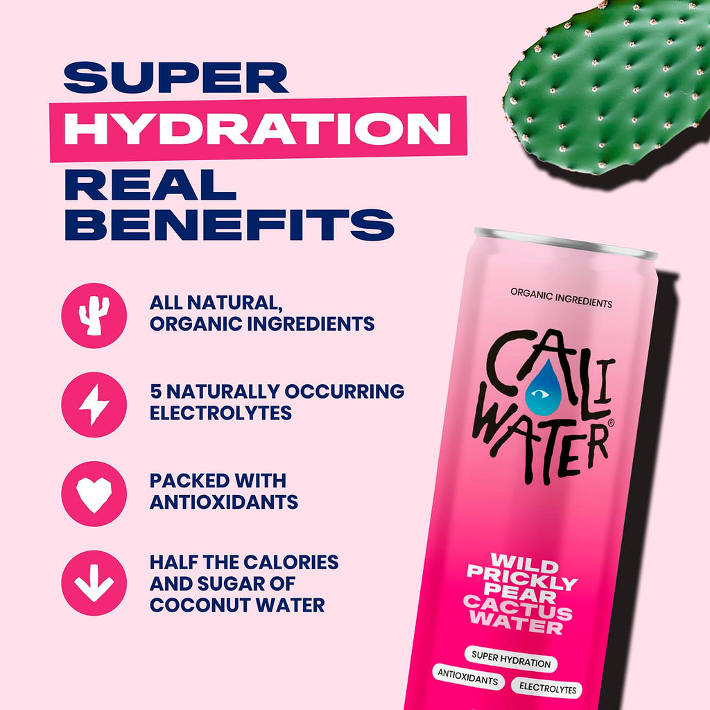 Caliwater - Organic Cactus Water - Wild Prickly Pear - 5g Sugar, 25 Calories - Coconut Water Alternative - Natural Plant Based Hydration - Skin Care, Electrolyte Drinks - Flavored Water - 12 Cans