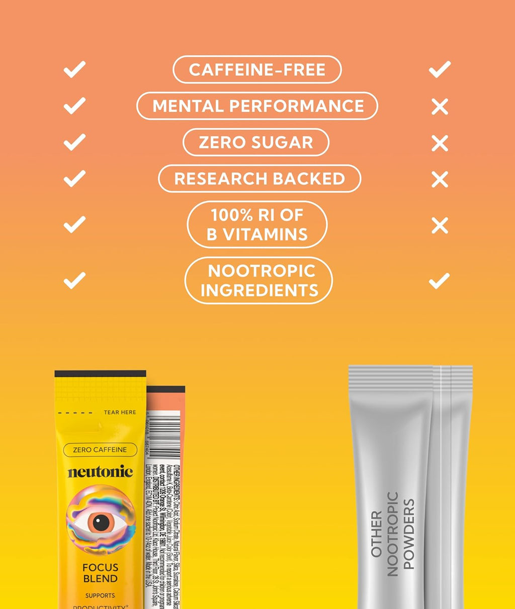 Neutonic Nootropic Focus Blend Powder | Peach Mango 16 Sticks | Caffeine Free, Zero Sugar | Support Memory, Mental Clarity, Cognitive Function | Boost Focus, Energy, Brain Health