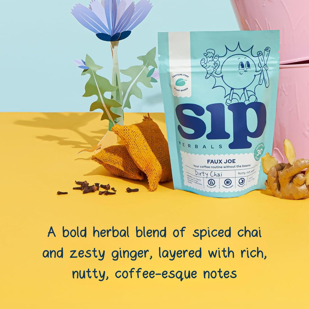 Sip Herbals Dirty Chai Roast Coffee Alternative Loose Leaf - Caffeine-Free Blend with Dandelion Root, Chicory, Cinnamon Clove - Rich Spiced Aroma & Balanced Flavor, As Seen on Shark Tank - 30 Servings