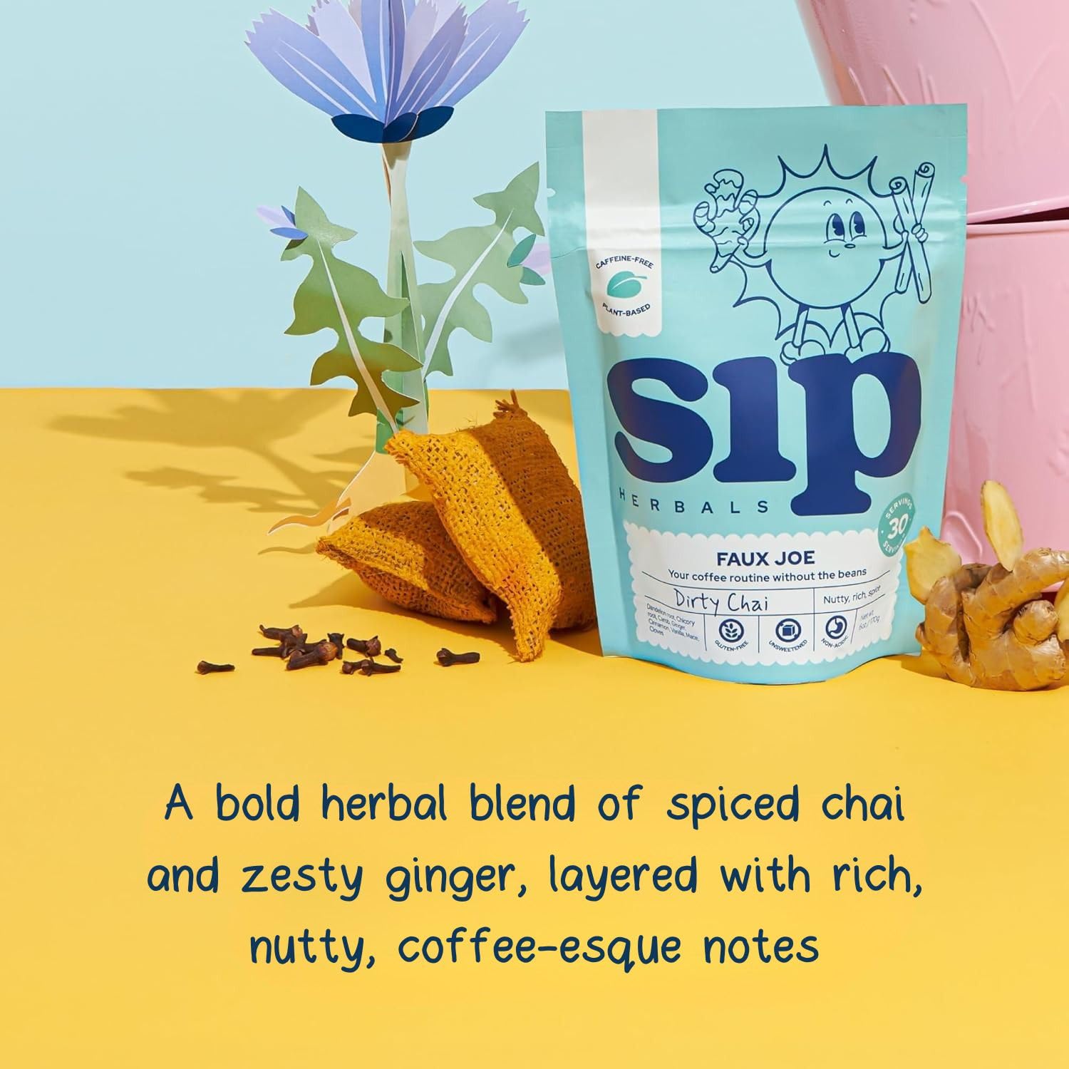 Sip Herbals Dirty Chai Roast Coffee Alternative Loose Leaf - Caffeine-Free Blend with Dandelion Root, Chicory, Cinnamon Clove - Rich Spiced Aroma & Balanced Flavor, As Seen on Shark Tank - 30 Servings