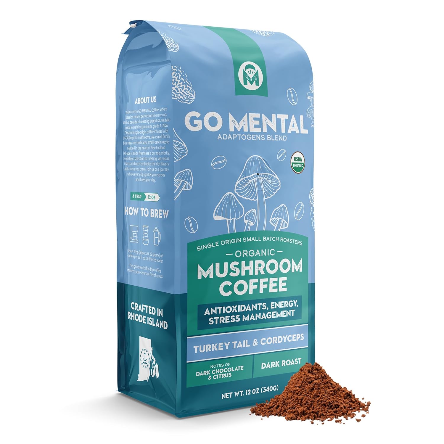 Organic Turkey Tail & Cordyceps Mushroom Coffee Dark Roast, Full Fruiting Body, Antioxidants, Immune System support, overall wellness | Grade 1 Single Origin Peruvian | 12oz - Ground