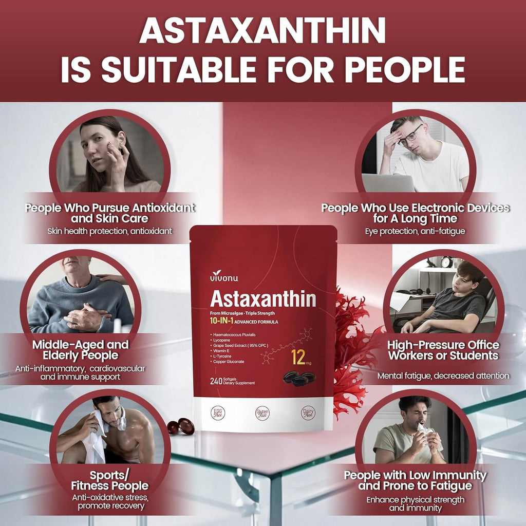 Astaxanthin 12mg, 480 Softgels, Fresh Haematococcus Pluvialis 10 in 1 Astaxanthin Antioxidant Supplements, Contains Lycopene, Grape Seed, Vitamin E, & More Supports Eye, Joints, Skin Health, 2 Bag