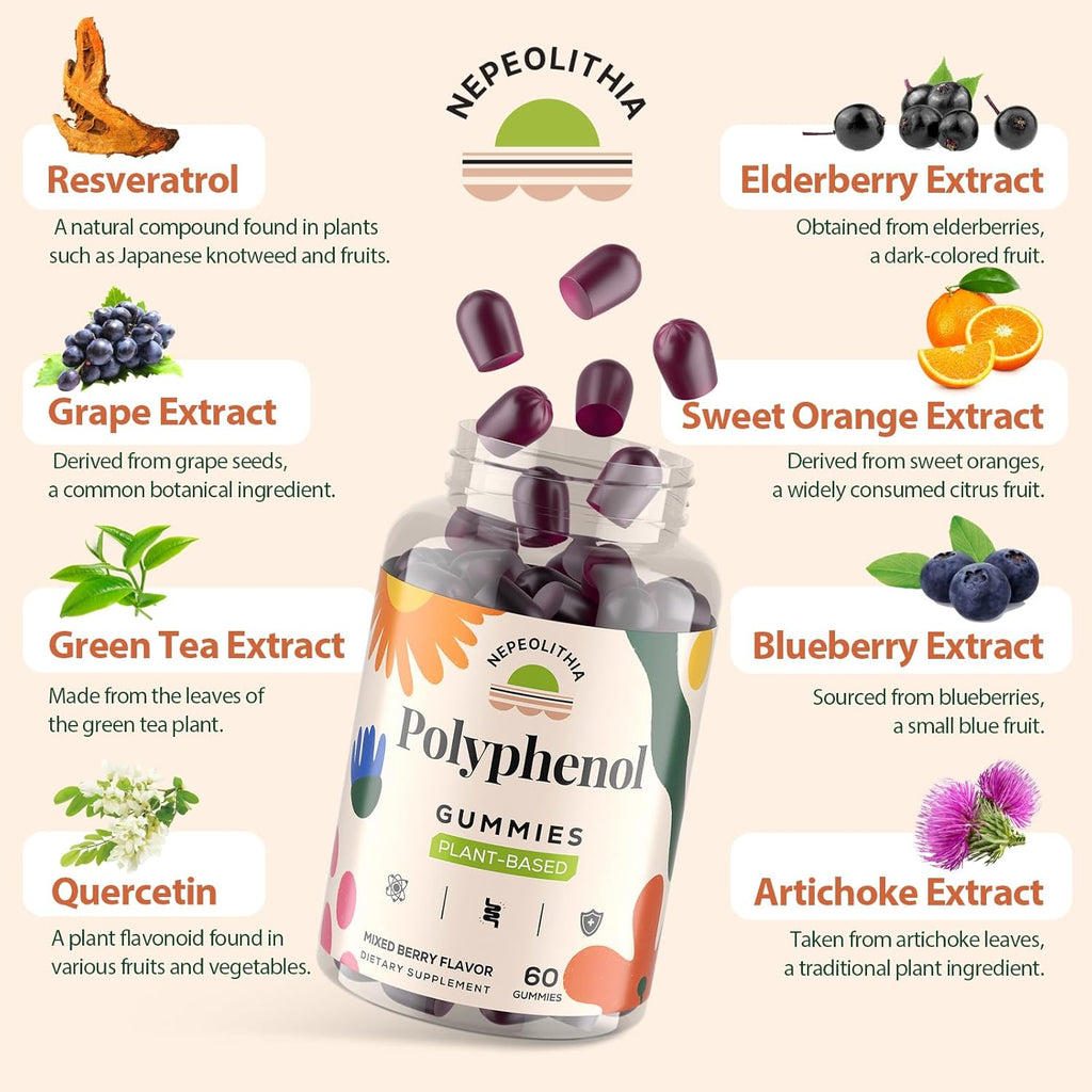 Polyphenol Gummies, Plant-Based Formula with Resveratrol, Elderberry, Grape, Turmeric,Green Tea, Cranberry Extract, Vitamins & Minerals, Superfood Blend, Mixed Berry Flavor, 60 Gummies