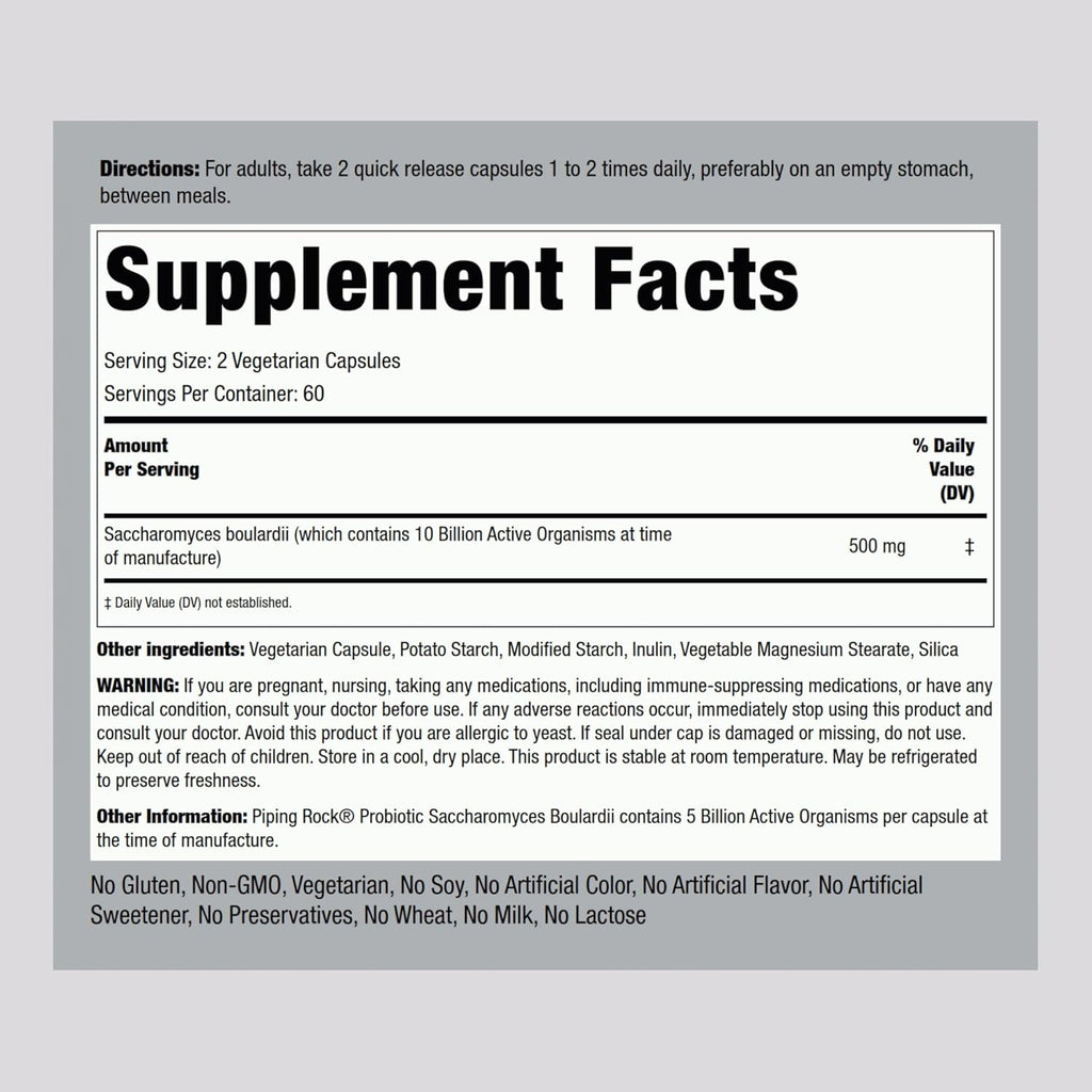 Piping Rock Saccharomyces Boulardii Probiotic Supplement | 5 Billion CFU | 120 Capsules | 250 mg | Vegetarian, Non-GMO, Gluten Free