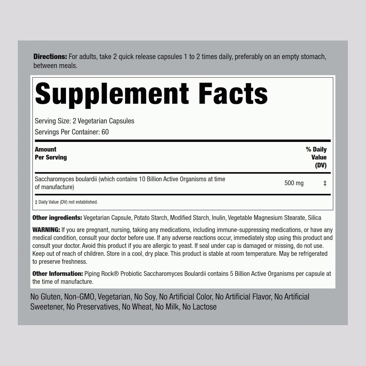 Piping Rock Saccharomyces Boulardii Probiotic Supplement | 5 Billion CFU | 120 Capsules | 250 mg | Vegetarian, Non-GMO, Gluten Free