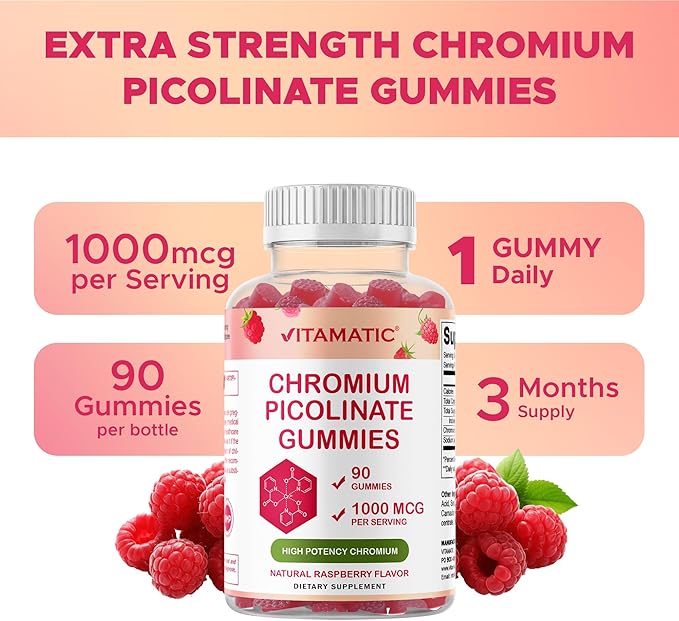 Vitamatic Chromium Picolinate 1000 mcg - 90 Gummies - High Potency Chromium - Raspberry Flavor (Total 180 Gummies) 2 Packs
