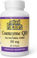 Natural Factors Coenzyme Q10 50 mg, Natural Coenzyme Q10 Supplement for Energy, Heart and Cognitive Support, 60 Softgels
