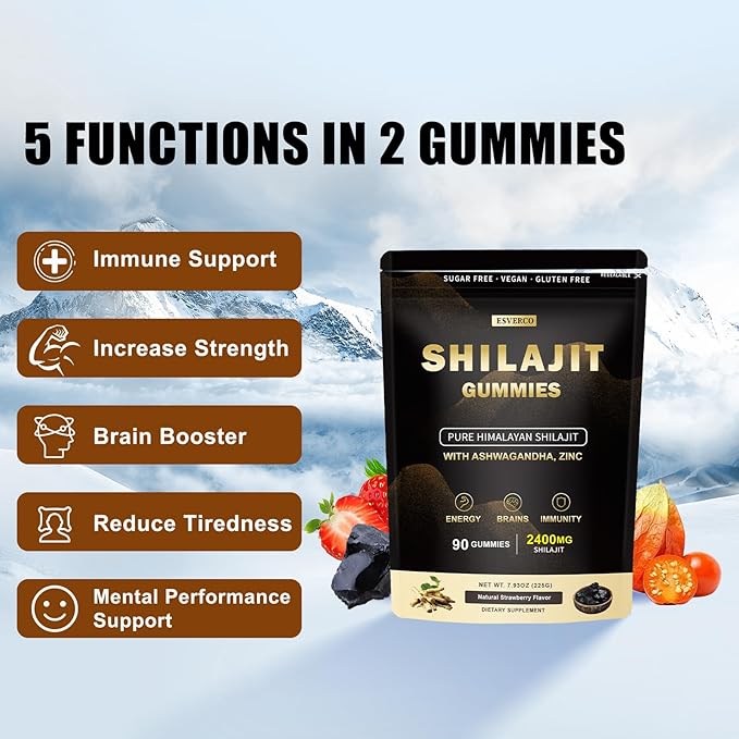 2400mg Shilajit Gummies with 2000mg Organic Ashwagandha Supplement for Men & Women, Extra Strength for Ehance Stamina, Immune Support, Vegan, for Adults, 90 Count