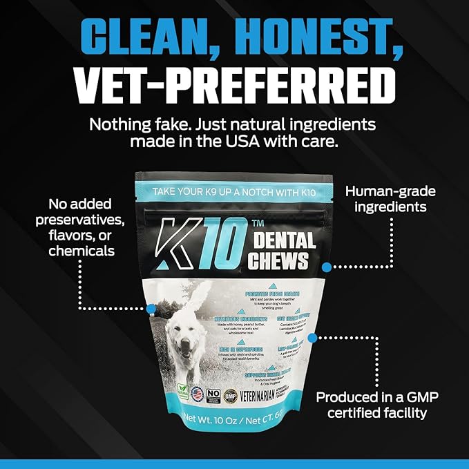 K10 Dental Chews (60 Count) – Low-Calorie Dog Chew with Human-Grade Ingredients – Dog Chews That Support Fresh Breath, Oral Hygiene, Digestion & Vitality – Vet-Preferred Dental Treats for Dogs