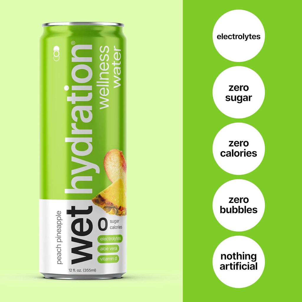 Wet Hydration, Zero Calorie, Functional Wellness Water - Peach Pineapple (12 Ounce Cans, Pack of 12) - Flavored Water, Hydration Drink, No Sugar, No Artificial Ingredients, Zero Calories (Packaging May Vary)
