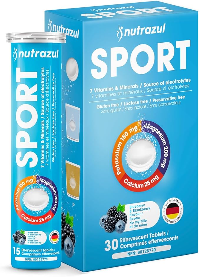 nutrazul Sports Effervescent Tablets, Electrolytes & 7 Vitamins & Minerals, Daily Hydration and Energy, Caffeine-Free, Blueberry & BlackBerry Flavor, 30 Count