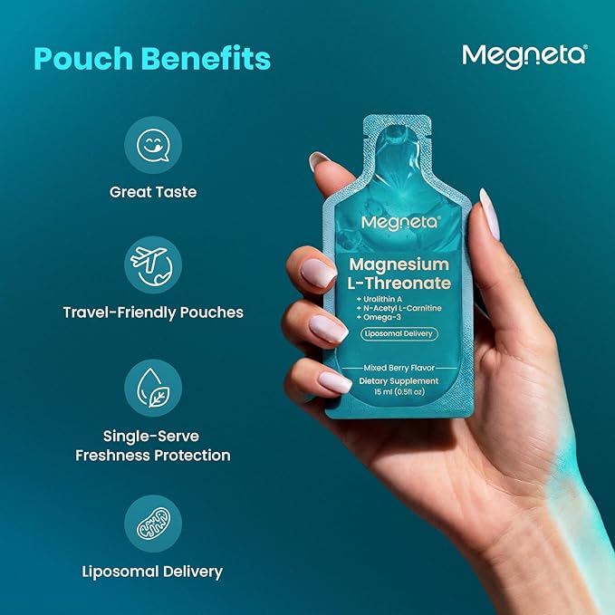 Magnesium L-Threonate Liquid, 2000mg Magnesium L-Threonate, Liposomal for High Absorption, with Urolithin A, N-Acetyl L-Carnitine & Omega-3, Brain, Memory, Focus & Sleep Support, 30 Pouches