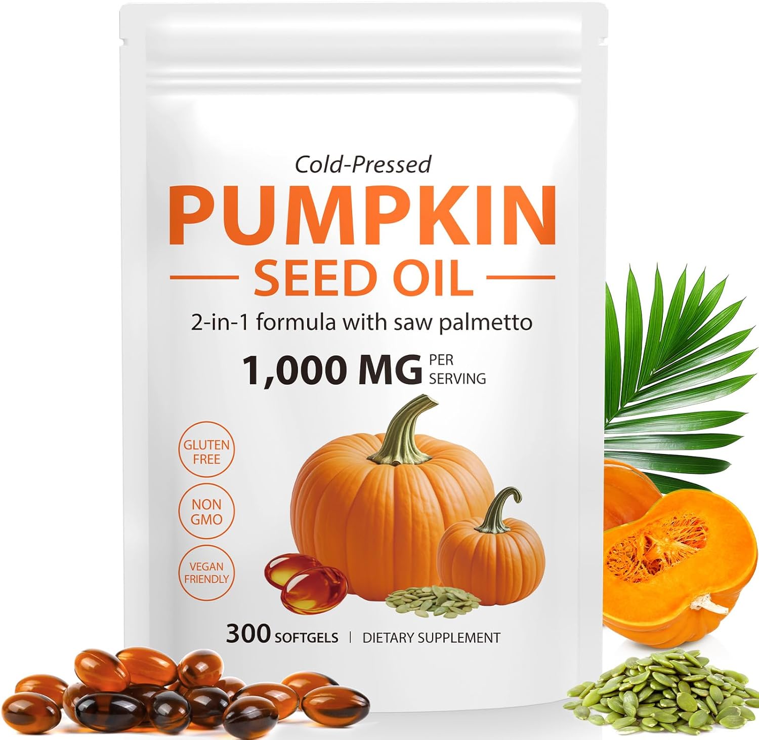 Pumpkin Seed Oil with Saw Palmetto Capsules,Pumpkin&Seed Oil 2 in 1 for Hair Growth,Cold Pressed,Supports Hair,Heart,Skin Supplement,Pumpkins Seed Extract Powder,PumpkinSeed Herbal Supplement 300 pcs