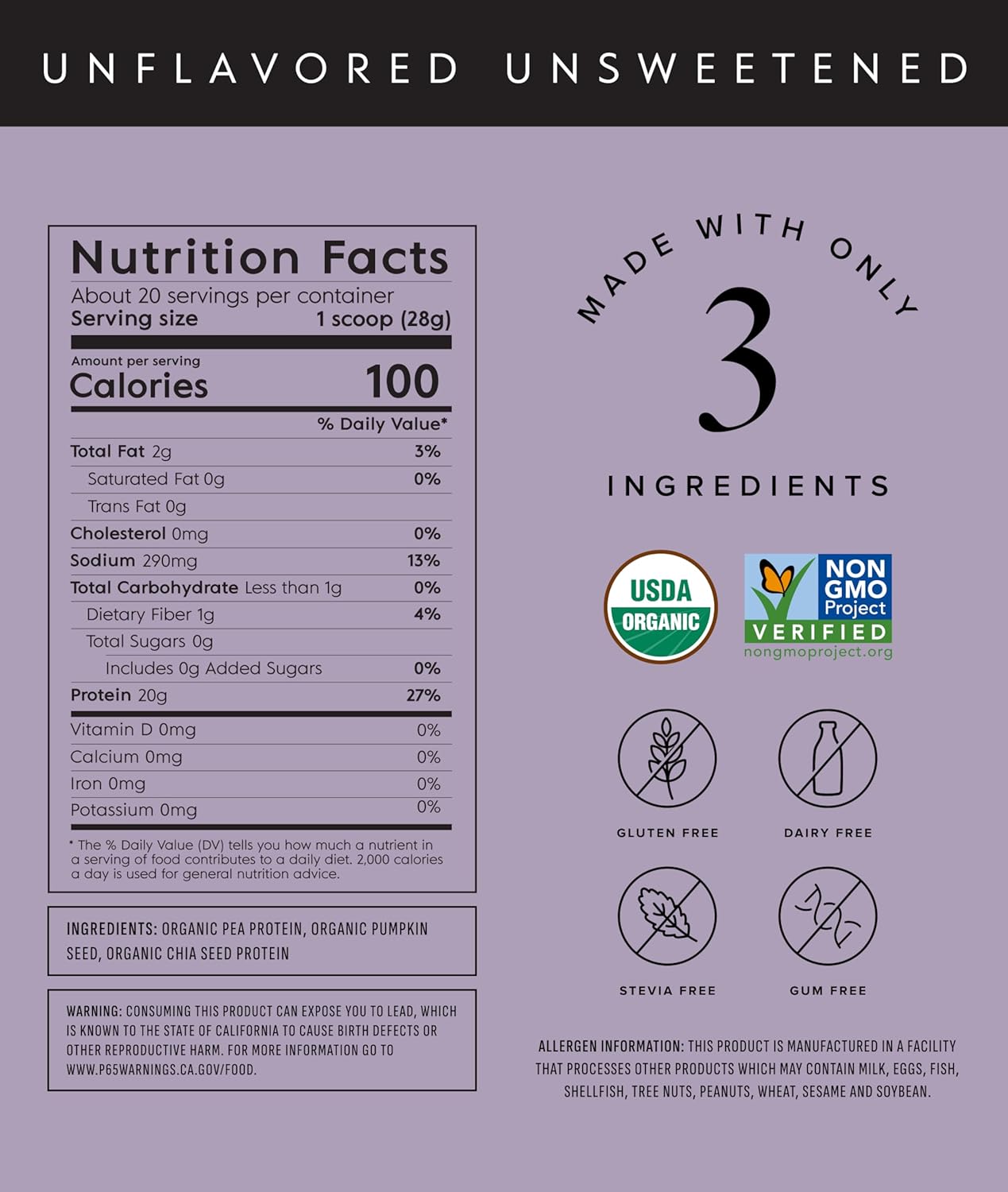 Truvani Vegan Pea Protein Powder | Unflavored | 20g Organic Plant Based Protein | 20 Servings | Keto | Gluten & Dairy Free | Low Carb | No Added Sugar