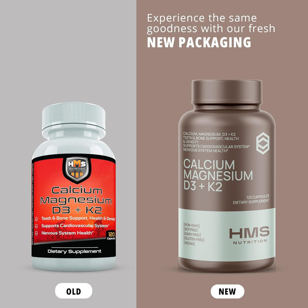 Calcium, Magnesium, Vitamins D3 + K2 for Bone Health, Immune Support, Bones & Teeth Calcium Supplement for Women & Men, Non-GMO, Gluten-Free, 120 Capsules