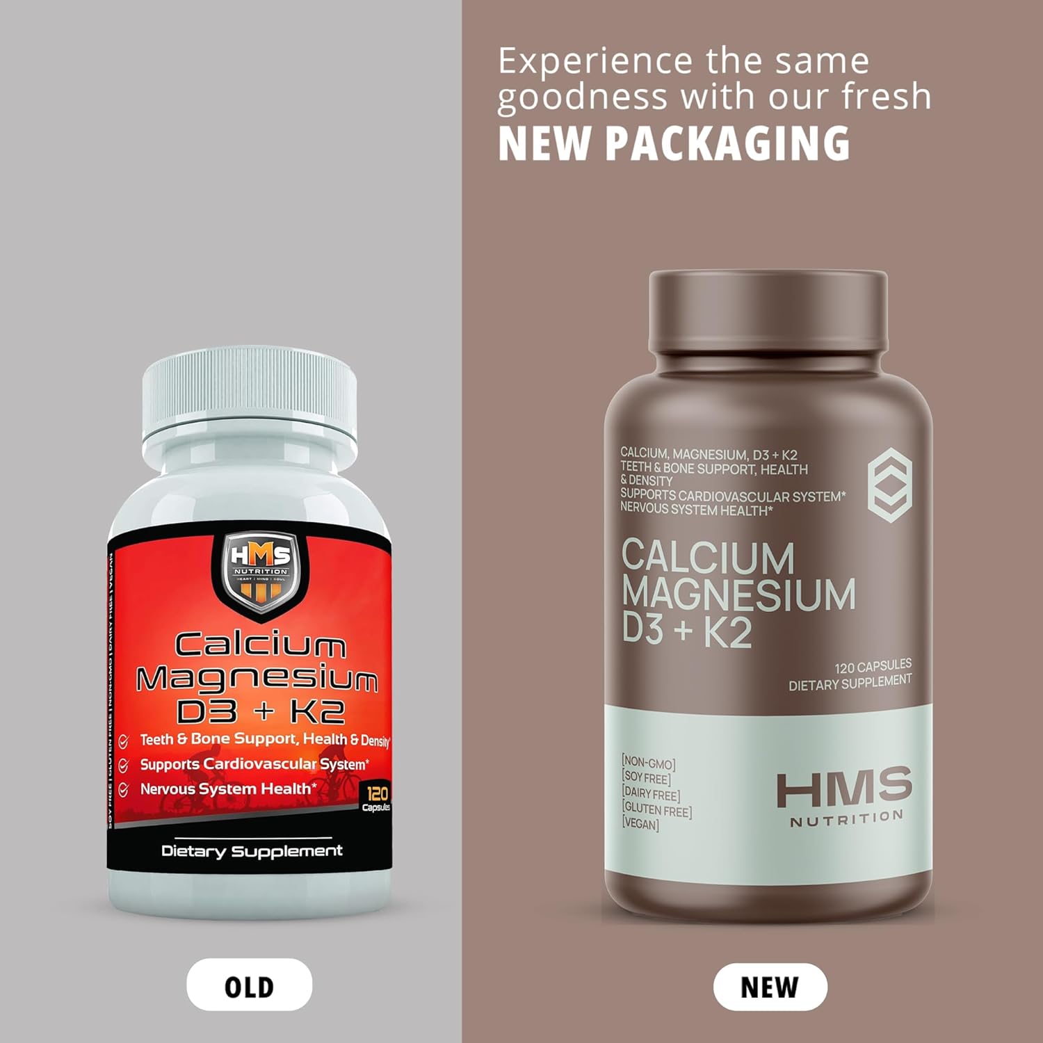 Calcium, Magnesium, Vitamins D3 + K2 for Bone Health, Immune Support, Bones & Teeth Calcium Supplement for Women & Men, Non-GMO, Gluten-Free, 120 Capsules