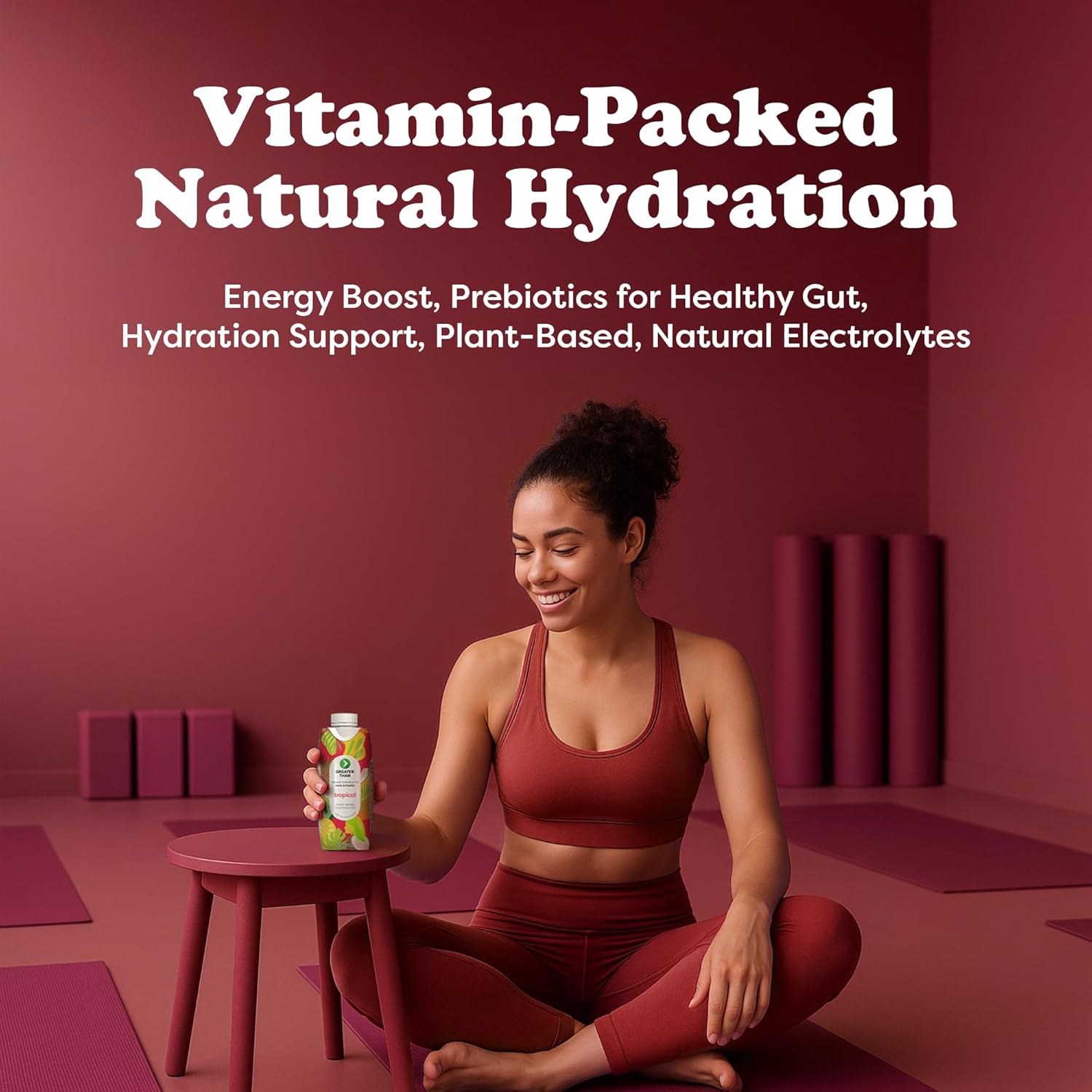 Greater Than Nutrient Hydration Beverage, Electrolyte Drink for Gut Health & Energy with Coconut Water, Vitamins, Gluten Free, Plant Based, Low Sugar, Tropical, 24 Pack