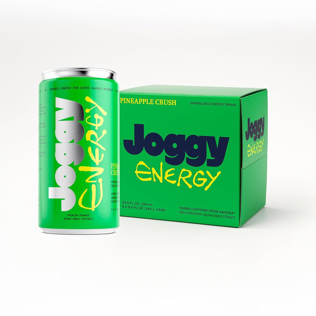Joggy Organic Energy Drink | Pineapple Crush (4 Pack) | Zero Sugar Pre Workout Energy Drink for Men & Women | Plant-Based, Gluten Free, Vegan, Non-GMO, Ready to Drink | Non-Jittery Focus Drink