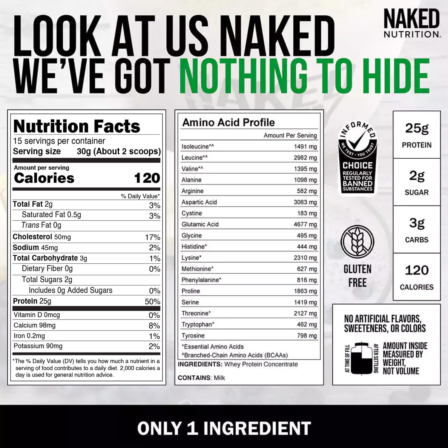 NAKED Whey 1Lb - Only 1 Ingredient, Grass Fed Whey Protein Powder, Undenatured, No Gmos, No Soy, Gluten Free, Stimulate Growth, Enhance Recovery - 15 Servings