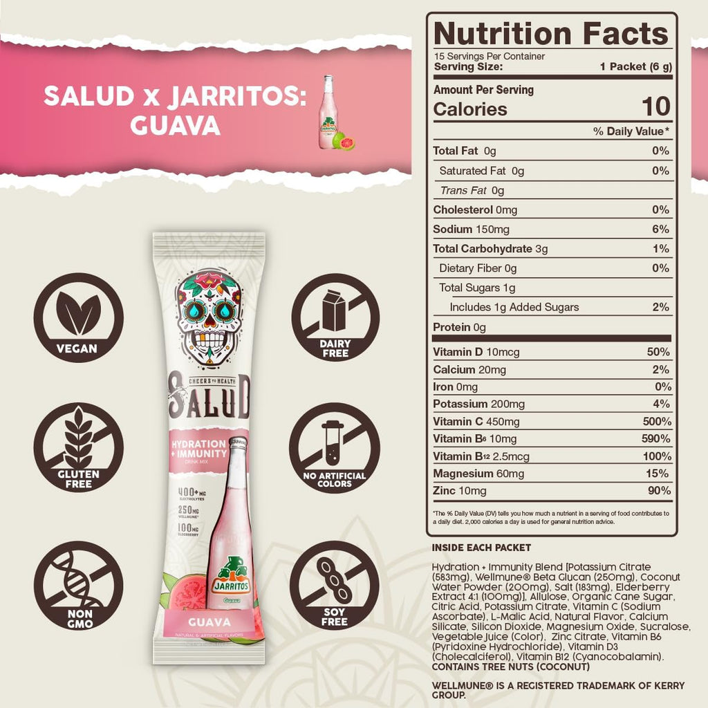 Salud x Jarritos 2-in-1 Hydration Packets + Immunity Electrolytes Powder, Guava - Agua Fresca Drink Mix, Elderberry, Dairy & Soy Free, Non-GMO, Gluten Free, Vegan, 1g Sugar (15 Servings)