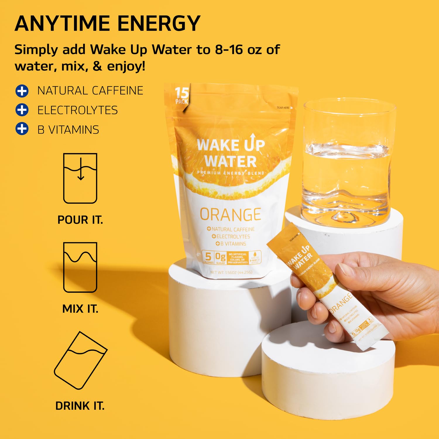Wake Up Water - Energy + Hydration Sugar Free 15 Packs, Orange Flavor - Energy Drink Powder, Electrolytes Powder Drink, Natural Caffeine Mix Packet, B Vitamins, 5 Calories, Gluten Free - 1.60 oz (45.45g)