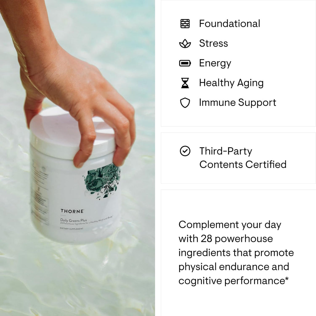THORNE - Daily Greens Plus - Comprehensive Greens Powder with Matcha, Spirulina, Moringa and Adaptogen, Mushroom and Antioxidant Blends - Refreshing, Mint Flavor 7.2 Oz - 30 Servings