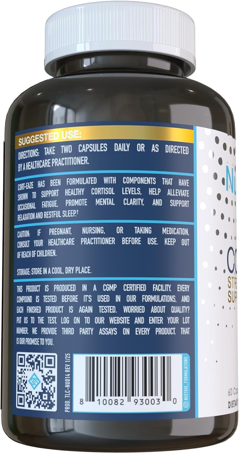 NuEthix Formulations Cort-Eaze - Cortisol Supplement - Health Support Supplement with Ashwagandha, L-Theanine & Rhodiola Rosea - Relaxation and Deep Sleep, 60 Capsules, 30 Servings