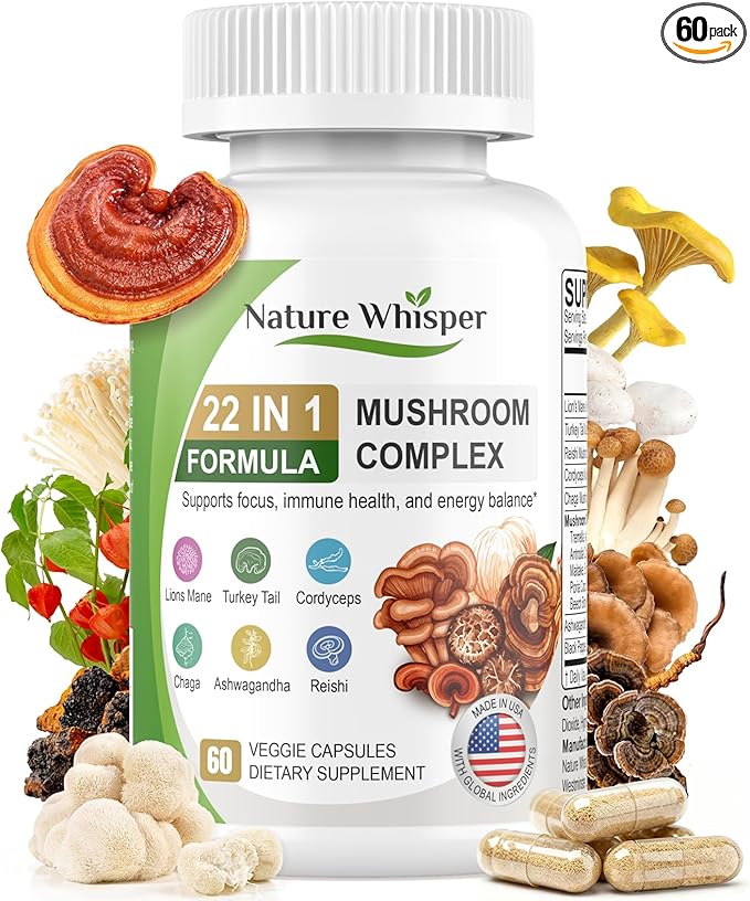 22 in 1 Lions Mane Mushroom Supplement with Ashwagandha | Black Pepper for Wellness Support, Mushrooms Complex with Turkey, Tail, Reishi, Cordyceps, Chaga, Maitake & More - 60 Capsules