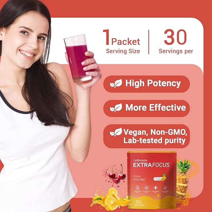 Cellbiolabs Extra Focus Drink Mix, 30 On-The-Go Stick Packs, Featuring Alpha-GPC, Lion's Mane & Rhodiola, Sugar-Free Clean Drink Mix