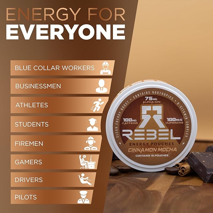 Nootropic Energy Caffeine Pouches (Cinnamon Mocha) • 100mg Caffeine • Alpha GPC • Huperzine A & Essential Vitamins • Sugar-Free • Coconut Fiber Technology • 15 Pouches Per Can (Pack of 1)