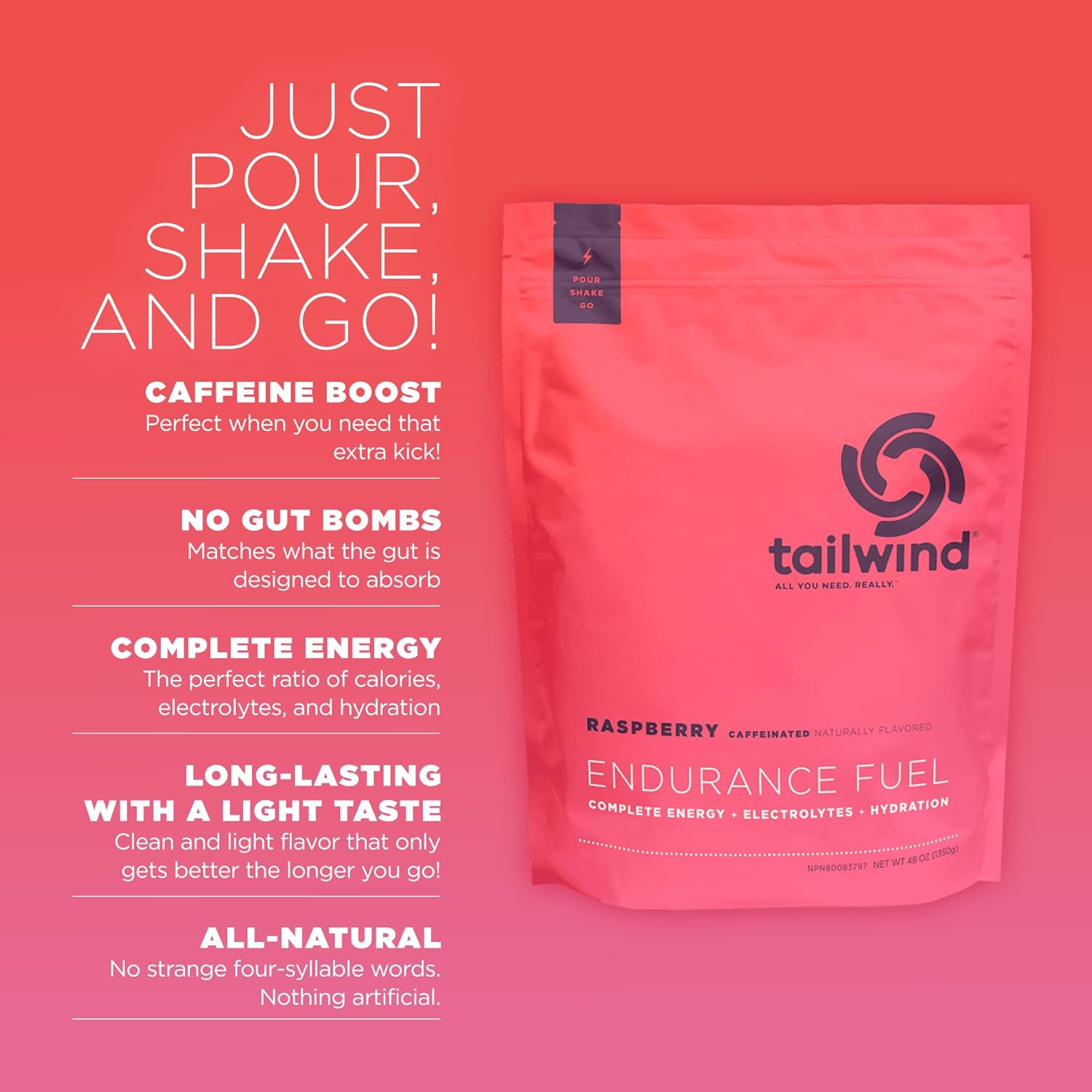 Tailwind Nutrition Endurance Fuel, Carbohydrate & Electrolyte Sports Drink Mix Powder, Gluten-Free, Vegan, Raspberry Buzz, 50 Servings (Caffeinated)