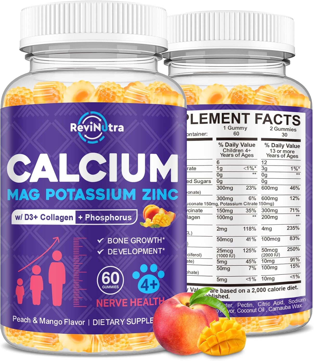Calcium Potassium Magnesium Gummies for Kids & Adults, Magnesium Potassium Calcium Supplement for Kids, Sleep, Bone Strength, Density Support, Sugar Free, Juice Peach & Mango Flavor, 60 Gummies
