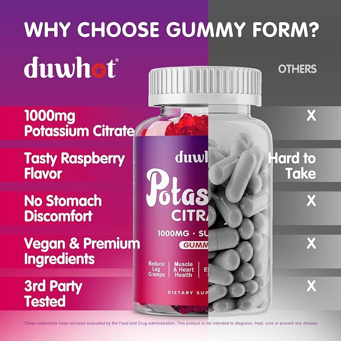Potassium Citrate 1000mg Gummies, Potassium Supplement for Adults Women & Men, Support Leg Cramps & Muscle Health, 120 Chewables