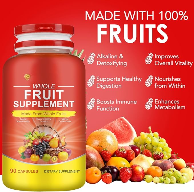 Fiber Fruit and Veggies Supplement, Natural Fruits and Vegetables Supplements Whole Superfood Vitamins & Minerals-90 Veggie and 90 Fruit Capsules for Enhance Immunity, Balanced Gut, Energy Levels