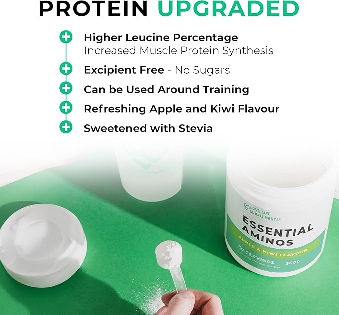 Love Life Supplements EAA Amino Acids Powder, All 9 Essential Amino Acids Including BCAA's and 2 Grams of Leucine per Serving, Apple & Kiwi Flavour, 348g - 60 Servings (5g of EAA's per Serving)