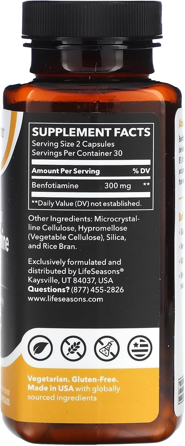 LifeSeasons Benfotiamine 300 mg per 2 Capsules – High‑Absorption Fat‑Soluble Vitamin B1 Supplement for Nerve & Metabolic Support, Cognitive & Circulatory Health – 120 Vegan Capsules