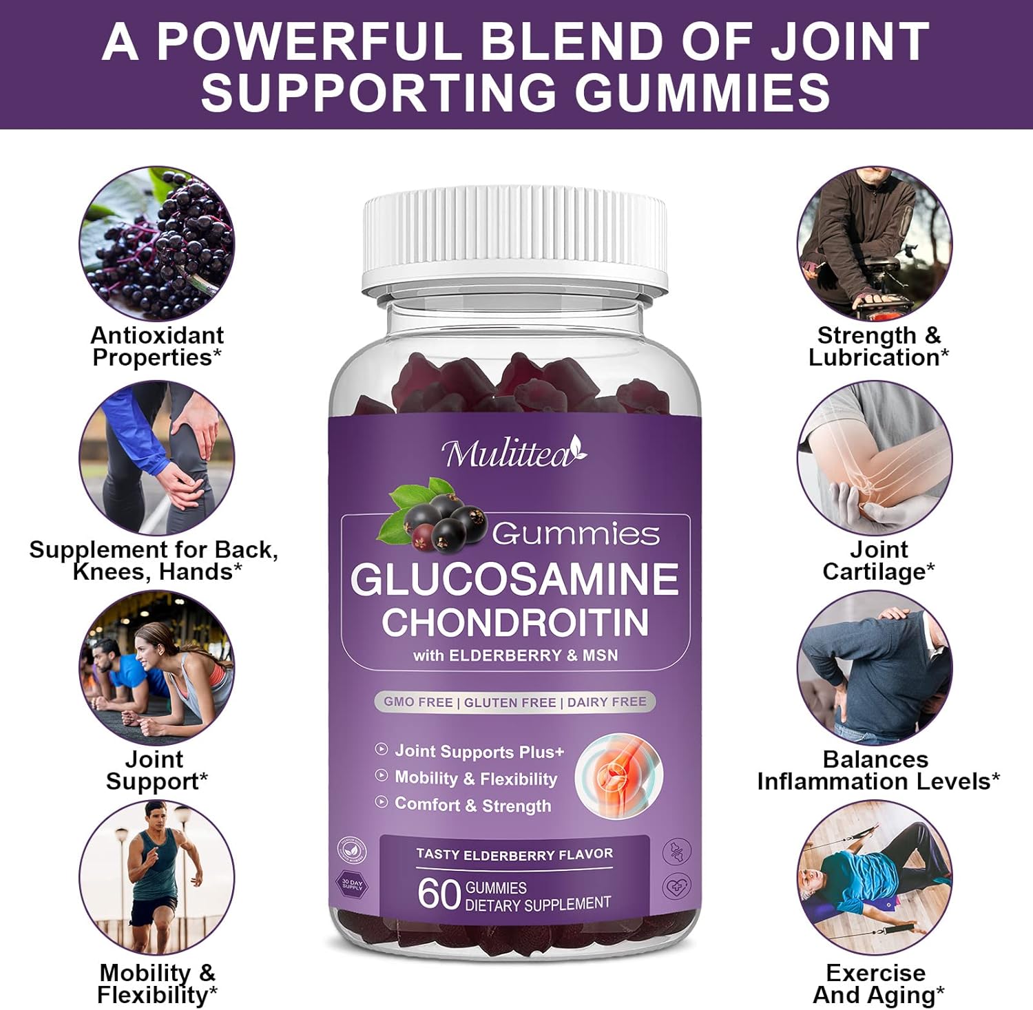 Mulittea Glucosamine Chondroitin Gummies - Extra Strength Joint Support Supplement with MSM & Elderberry for Natural Joint, Antioxidant Immune Support for Adults, Men & Women-(3 Pack)