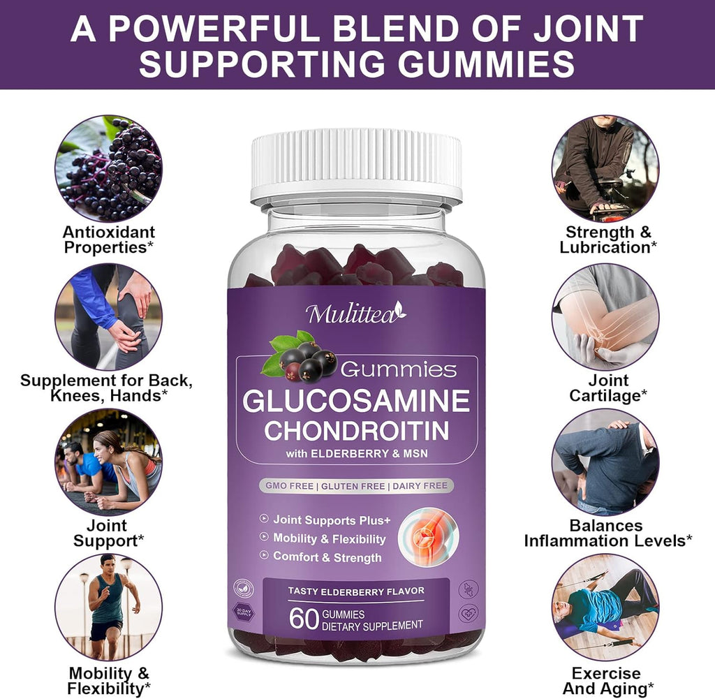 Mulittea Glucosamine Chondroitin Gummies - Extra Strength Joint Support Supplement with MSM & Elderberry for Natural Joint, Antioxidant Immune Support for Adults, Men & Women-(2 Pack)