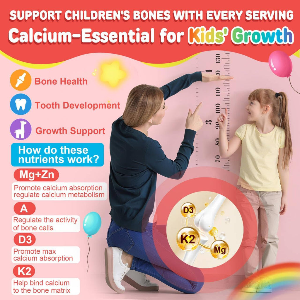 Kids Multivitamin Gummies + Calcium, Probiotics, Vitamin D3, C, Methylated B12 & Methylfolate, B6, A, K2, E, Zinc, Prebiotics for Children Ages 4+, Clean & Sugar Free, for Nutritional Support, 60 Cts