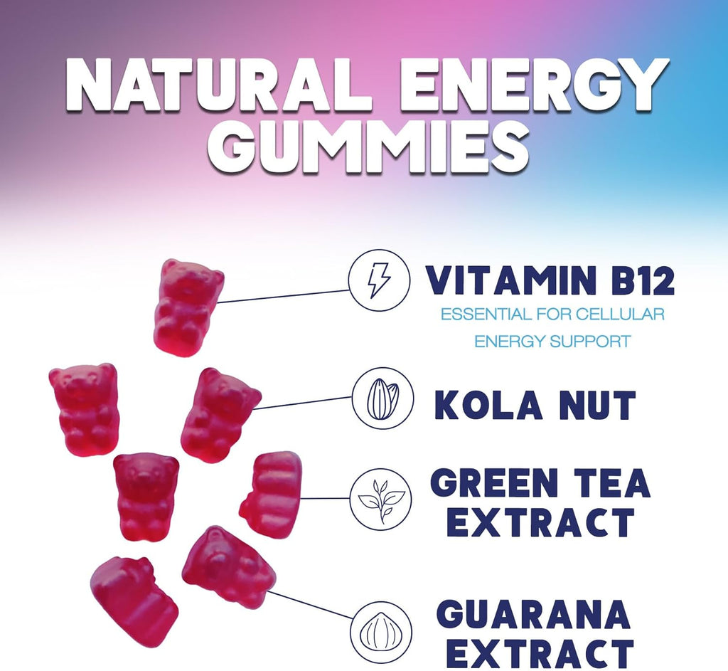Energy Gummies 1000mcg - with Vitamin B12, Green Tea Natural Caffeine Support, Daily Energy Gummies - Delicious Berry Flavor B12 Chewable Exercise Supplement for Running Cycling & Sports - 60 Chews