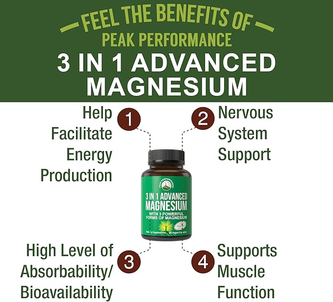 3 in 1 Advanced Magtein Magnesium Complex Capsules with Clinically Tested Magnesium L-Threonate, Glycinate & Taurinate. High Absorption & Bioavailability. Support Brain, Focus & Memory. 90 Vegan Pills
