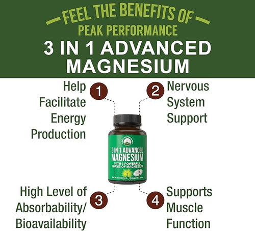3 in 1 Advanced Magtein Magnesium Complex Capsules with Clinically Tested Magnesium L-Threonate, Glycinate & Taurinate. High Absorption & Bioavailability. Support Brain, Focus & Memory. 90 Vegan Pills