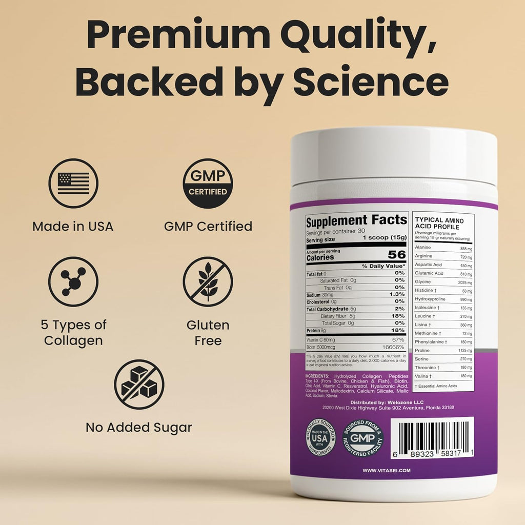 VITASEI Hydrolyzed Collagen Peptides Powder with Resveratrol & Vitamin C – Hair, Skin & Joint Support with Hyaluronic Acid – Colágeno Hidrolizado for Women & Men – Coconut Flavor, 16 oz (30 Servings)