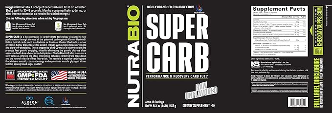 NutraBio Super Carb, Carbohydrate Powder with Cluster Dextrin & Electrolytes, Advanced Carb Supplement Powder for Workout Fuel, Performance, and Muscle Recovery, Cyclic Dextrin, Unflavored, 60 Sv