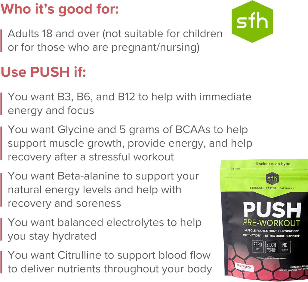 SFH Push Pre-Workout Powder (Fruit Punch) BCAAs for Muscle Repair | Electrolytes | Non-Dairy, No Artificial Flavors, Colors, Sugar, Soy, Gluten, or GMOs (Bag)